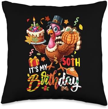 It's My 50th Birthday Thanksgiving Turkey Autumn Funny Party Throw Pillow by Unknown