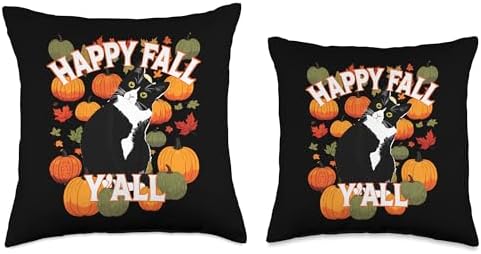 Tuxedo Cat Autumn Fall Halloween Leaves Thanksgiving Throw Pillow - Image 3