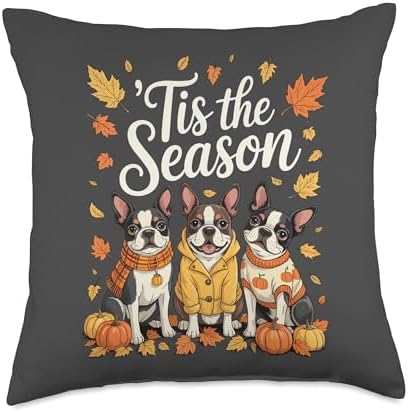 Tis The Season Boston Terrier Fall Autumn Pumpkin Dog Throw Pillow by Unknown