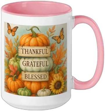 Thankful Grateful Blessed - Fall Pumpkin Family Thanksgiving Ceramic Mug, Pink/White, 15oz - Image 2