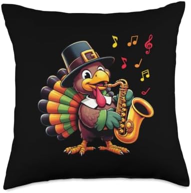 Funny Thanksgiving Turkey Playing Saxophone Music Lover Throw Pillow by Unknown