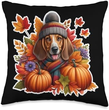 Autumn Fall Plott Hound Dog Owner Thanksgiving Mom Dad Cozy Throw Pillow by Unknown