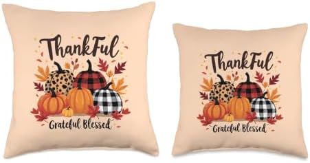 Thanksgiving Thankful Grateful Blessed leopard plaid Pumpkin Throw Pillow - Image 3