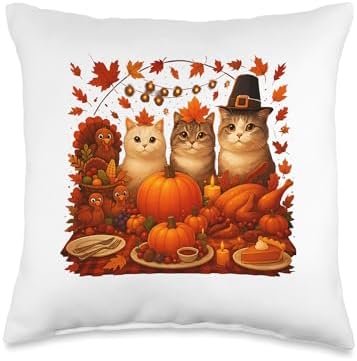 Fall Thanksgiving Cats Dinner Feast Vintage Fall Home Decor Throw Pillow by Unknown