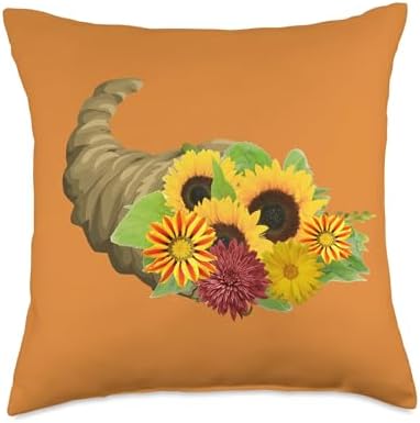 Pretty Cornucopia Planter Autumn Fall Sunflower Thanksgiving Throw Pillow by Unknown