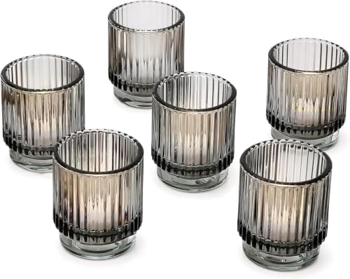 Kate Aspen Ribbed Glass Candle Holder Set - 6 Smoke Gray Tealight Holders for Home, Kitchen, Room or Living Room Decor - Vintage Tea Light Votive Accent for Table or Shelf Styling (Pack of 6) by KateAspen