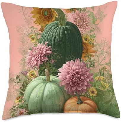 Vintage Autumn Flower Fall Pumpkin Thanksgiving Happy Fall Throw Pillow by Unknown