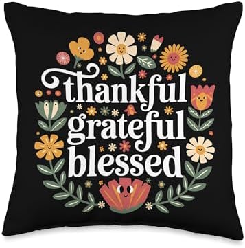 Grateful Thankful Blessed Floral Thanksgiving Fall Autumn Throw Pillow by Unknown