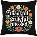 Grateful Thankful Blessed Floral Thanksgiving Fall Autumn Throw Pillow by Unknown