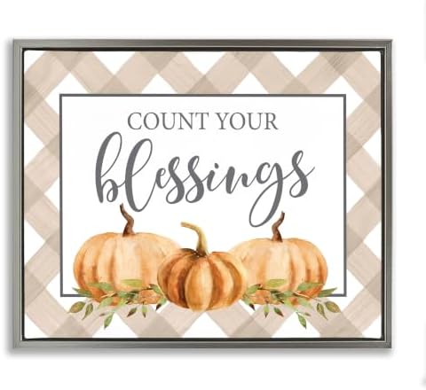 'Count Your Blessings Thankful Pumpkin Tartan'| Floating Frame Canvas Art by StupellIndustries