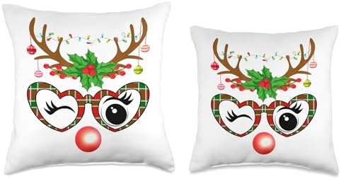 Family Happy Hallothanksmas Thanksgiving Christmas Funny Reindeer Face Sunglasses Santa Plaid Christmas Lights Throw Pillow, 18x18, Multicolor - Image 3