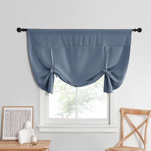 NICETOWN Thermal Insulated Blackout Curtain Adjustable Tie Up Shade Rod Pocket Window Covering Panel for Bathroom Basement, Short Curtains fr Small Window, 52 Wide by 45" Long, 1 Panel, Stone Blue by NICETOWN