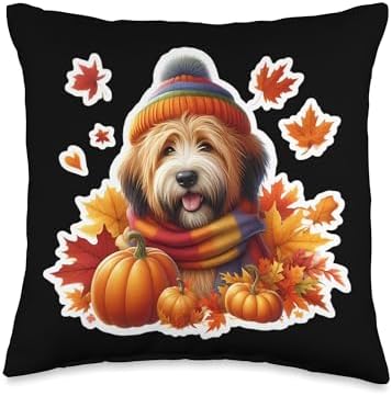 Autumn Fall Briard Dog Owner Thanksgiving Mom Dad Pumpkin Throw Pillow by Unknown