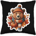 Autumn Fall Brown Bear Lover Thanksgiving Pumpkin Leaves Throw Pillow by Unknown