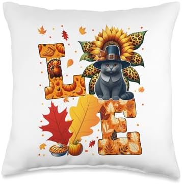 LOVE Thanksgiving Russian Blue Cat Costume Fall Leaves Throw Pillow by Unknown