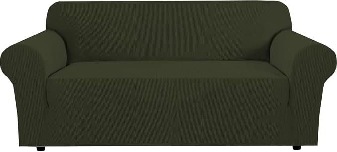 H.VERSAILTEX Stretch Couch Covers for Sofa 1 Piece Slipcovers for Couches and Sofas 3 Seater Couch Cover Feature Thick Checked Jacquard Fabric with Elastic Bottom(Sofa 72"-88" Wide, Olive)
