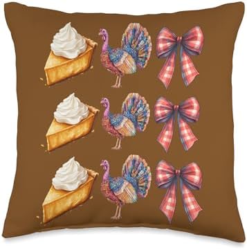 Retro Vintage Turkey Thanksgiving Bow Grateful Pumpkin Pie Throw Pillow by Unknown