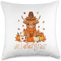 Fall Y'all Thanksgiving Highland Cow Autumn Leaves Pumpkins Throw Pillow by Unknown