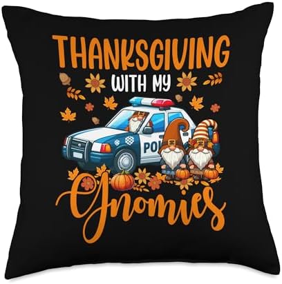 Thanksgiving With My Gnomies Three Gnomes Driving Police Car Throw Pillow by Unknown