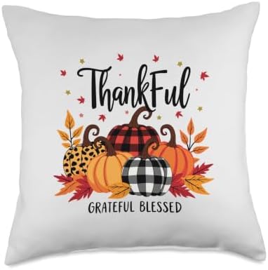 Thankful Grateful Blessed Leopard Plaid Pumpkin Thanksgiving Throw Pillow by Unknown