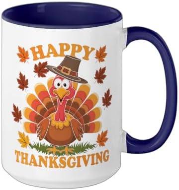 Happy Thanksgiving Funny Turkey Family Dinner Thanksgiving Ceramic Mug, Dark Blue/White, 15oz - Image 2