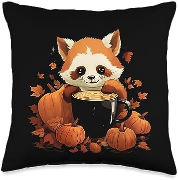 Red Panda Autumn Thanksgiving Halloween Kawaii Red Panda Pumpkin Spice Latte Fall Thanksgiving Halloween Throw Pillow, 16x16, Multicolor by Unknown