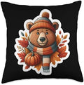 Autumn Fall Brown Bear Lover Thanksgiving Pumpkin Leaves Throw Pillow by Unknown