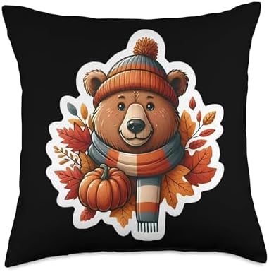 Autumn Fall Brown Bear Lover Thanksgiving Pumpkin Leaves Throw Pillow by Unknown