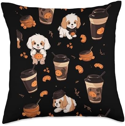 Dog Puppy Pumpkin Spice Latte Autumn Pattern Thanksgiving Throw Pillow by Unknown