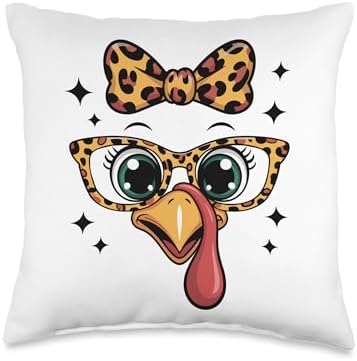 Thanksgiving Turkey Face Leopard Bow Glasses Women Girls Throw Pillow by Unknown