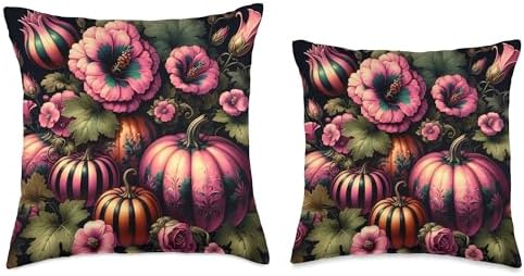Vintage Pink Flowers Pumpkin Autumn Thanksgiving Girl Women Throw Pillow - Image 3