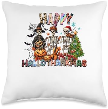 halloween thanksgiving christmas hallothanksmas Skeletons Throw Pillow by Unknown