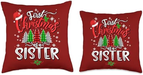 Family Happy Hallothanksmas Thanksgiving Christmas First Christmas As A Sister Family Plaid Pajamas Xmas Lights Throw Pillow, 18x18, Multicolor - Image 3