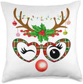 Family Happy Hallothanksmas Thanksgiving Christmas Funny Reindeer Face Sunglasses Santa Plaid Christmas Lights Throw Pillow, 18x18, Multicolor by Unknown