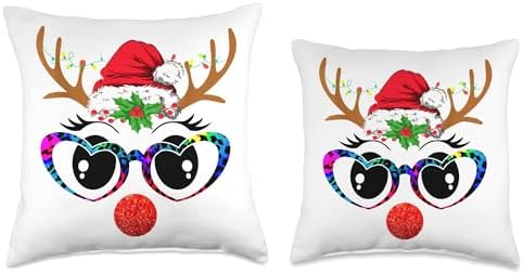 Family Happy Hallothanksmas Thanksgiving Christmas Funny Reindeer Face Glasses Leopard Tie Dye Christmas Lights Throw Pillow, 18x18, Multicolor - Image 3