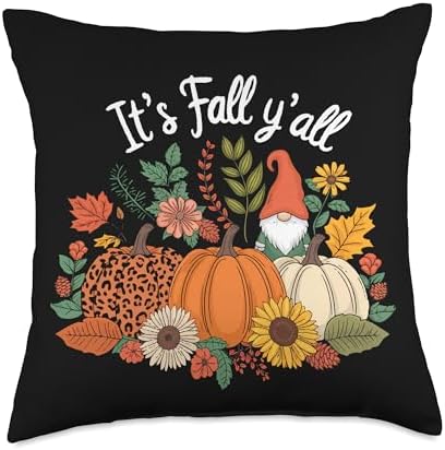 Fall Yall Thanksgiving Sunflower Gnome Funny Leopard Pumpkin Throw Pillow by Unknown