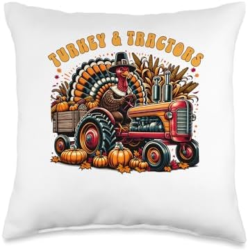 Turkey And Tractors Boys Kids Girls Thanksgiving Hayride Throw Pillow by Unknown