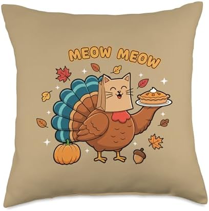 Meow Meow Turkey Cat Thanksgiving Cute Funny Holiday Design Throw Pillow by Unknown