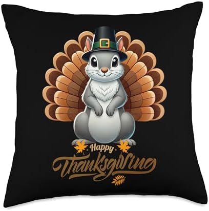 Funny Eastern Gray Squirrel with Turkey Feathe Thanksgiving Throw Pillow by Unknown