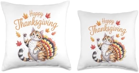 Cute Cat Turkey Happy Thanksgiving Fall Meow Throw Pillow - Image 3