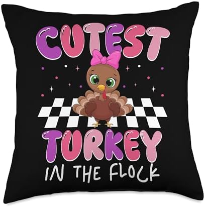 Cutest Turkey in The Flock Kids Thanksgiving Humor Autumn Throw Pillow by Unknown