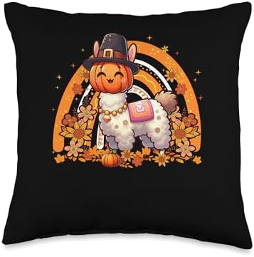 Llama Fall Pumpkin Cute Head Thanksgiving Flowers Rainbow Throw Pillow by Unknown