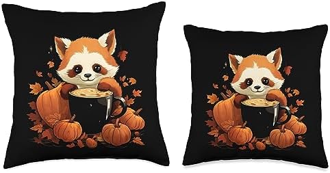 Red Panda Autumn Thanksgiving Halloween Kawaii Red Panda Pumpkin Spice Latte Fall Thanksgiving Halloween Throw Pillow, 18x18, Multicolor - Image 3