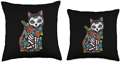 Cat Sugar Skull Mexico Calavera Dia De Los Muertos Halloween Throw Pillow