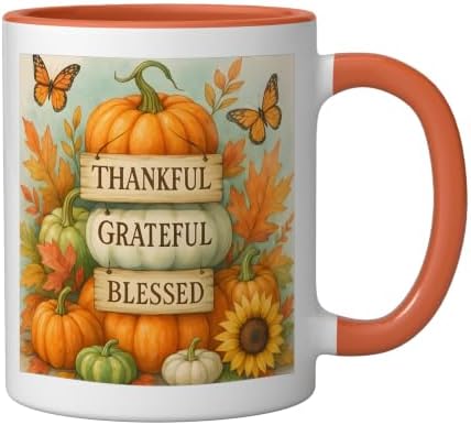 Thankful Grateful Blessed - Fall Pumpkin Family Thanksgiving Ceramic Mug, Orange/White, 11oz - Image 2