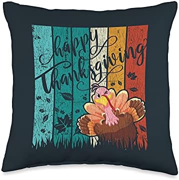 Vintage Happy Thanksgiving Pilgrim Turkey Family Matching Throw Pillow by Unknown