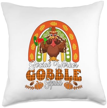 Social Worker Gobble Squad Thanksgiving Turkey Fall Rainbow Throw Pillow by Unknown