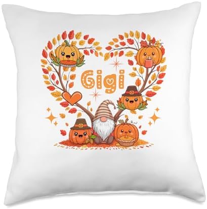 Gigi Thanksgiving Gnome Pupmkins Fall Tree Cute Heart Throw Pillow by Unknown