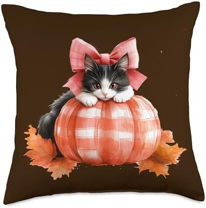 Cute Halloween Pumpkin Cat Pink Fall Plaid Thanksgiving Girl Throw Pillow by Unknown