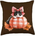 Cute Halloween Pumpkin Cat Pink Fall Plaid Thanksgiving Girl Throw Pillow by Unknown